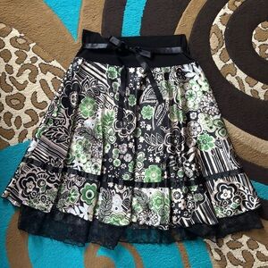 Floral Black and Green Women's Skirt With Lace Trim